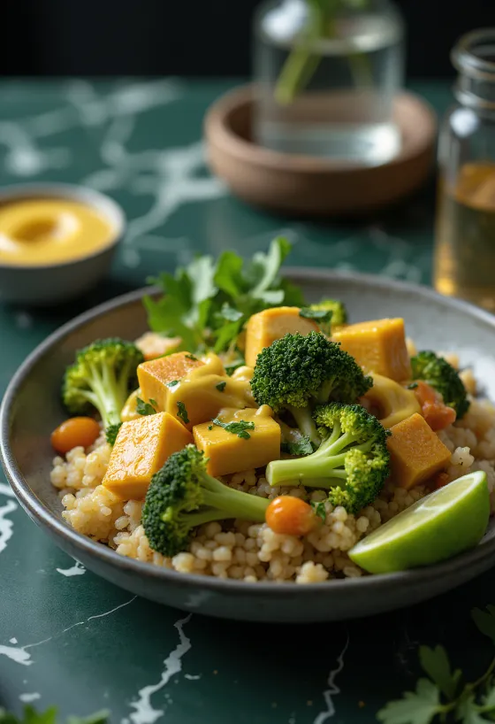 Buddha bowl quinoa-brocoli avec tofu tahini curry servi