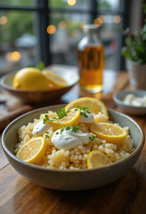 Couscous au yaourt, décoré de feuilles de menthe fraîches