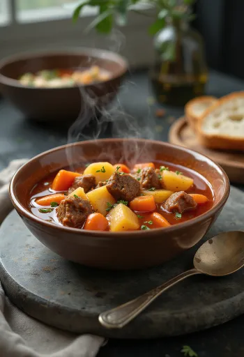 Soupe de goulash traditionnelle avec de riches morceaux de viande et légumes, assaisonnée au paprika rouge.