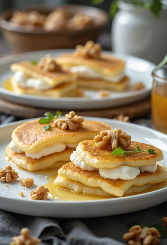 Crêpes au fromage de chèvre et miel fraîchement cuites