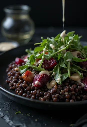 Salade de lentilles et betteraves rôties servie