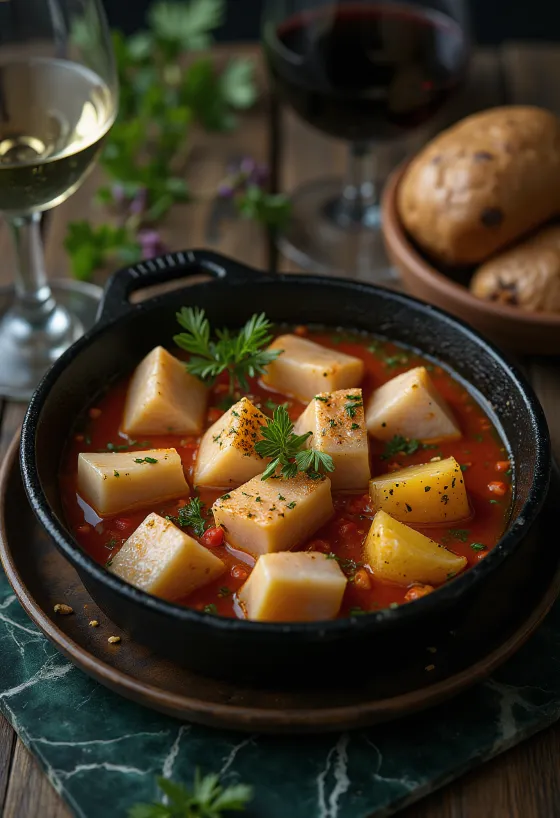 Marmitako au vin blanc dans un bol, thon, pommes de terre et légumes dans un jus riche