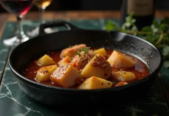 Marmitako au vin blanc dans un bol, thon, pommes de terre et légumes dans un jus riche