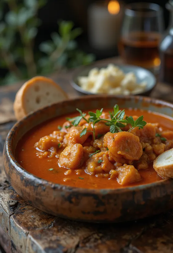 Tripes à la hongroise traditionnelles servies avec des légumes et du pain frais