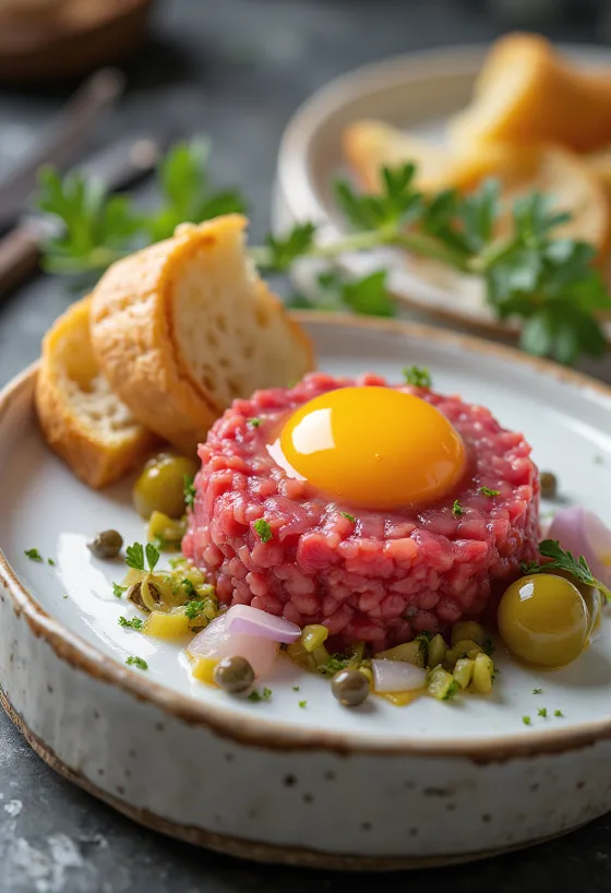 Steak Tartare servi avec jaune d'œuf et pain grillé