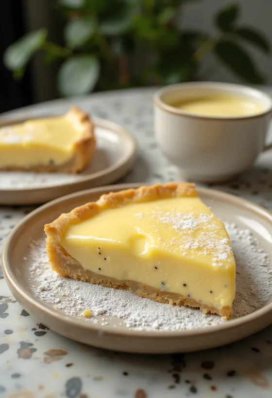 Tarte à la vanille servie sur une assiette
