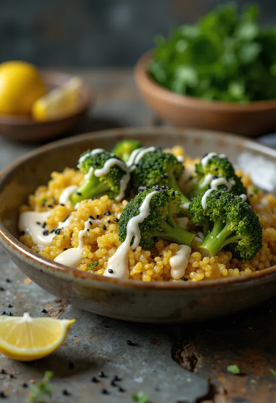 Buddha bowl quinoa-brocoli curry tahini-citron vert servi