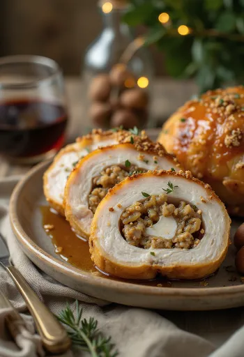 Tranches de poitrine de dinde juteuses farcies aux marrons, servies avec des légumes.