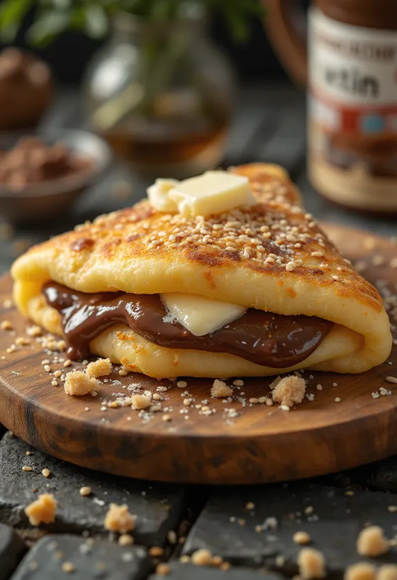 Martabak Manis au Nutella, un délice plié en deux avec Nutella et graines de sésame sur le dessus.