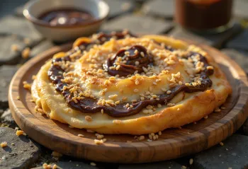 Martabak Manis au Nutella, un délice plié en deux avec Nutella et graines de sésame sur le dessus.