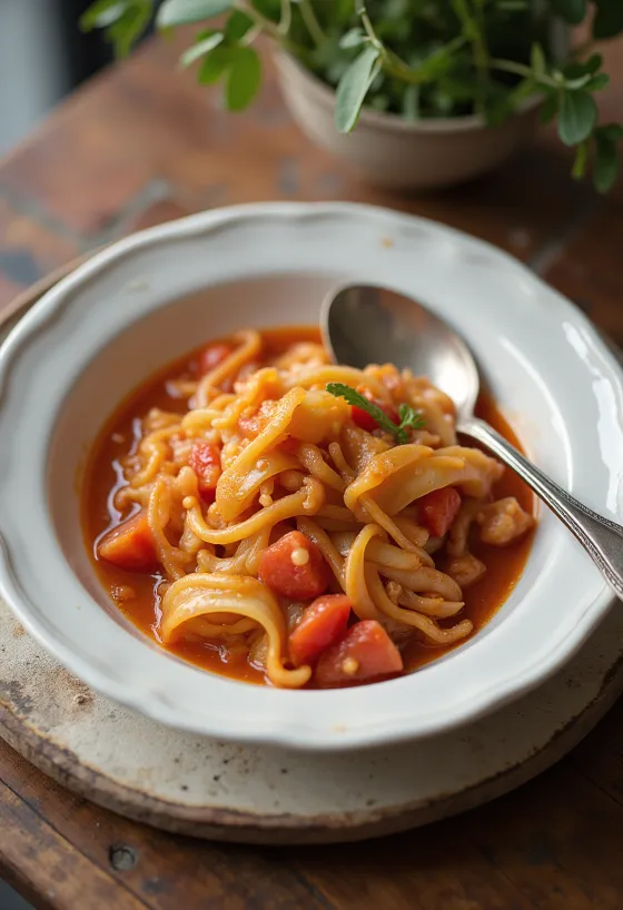 Chou à la tomate servi avec de l'aneth frais et des boulettes de viande juteuses.