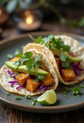 Tacos au tofu avec tofu grillé épicé, coriandre et légumes frais