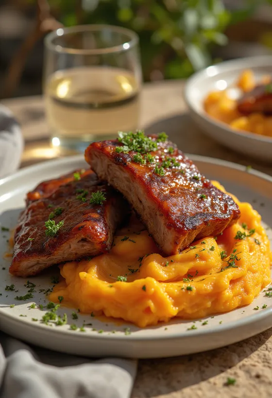 Travers de porc BBQ servis avec patates douces