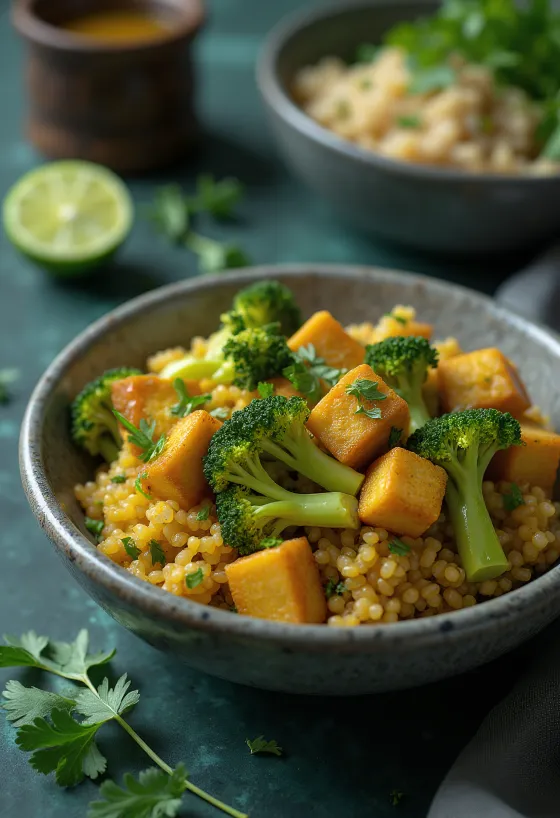 Buddha bowl quinoa-brocoli curry avec tofu au citron vert servi