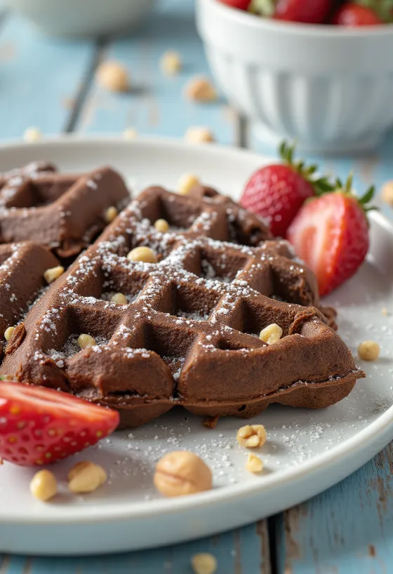 Gaufres au cacao avec fruits frais et coulis de chocolat