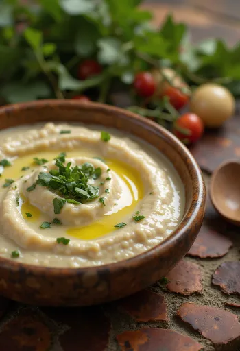Sauce tahini à la menthe dans un bol, décorée de menthe fraîche.