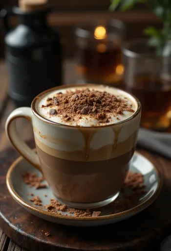 Latte miel-chocolat, boisson au café crémeuse décorée de crème chantilly et copeaux de chocolat