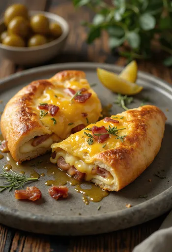 Calzone moutarde et lardons doré servi sur une assiette