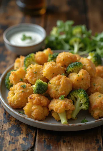 Brocolis panés croustillants dorés, servis sur une assiette avec des tranches de citron frais.