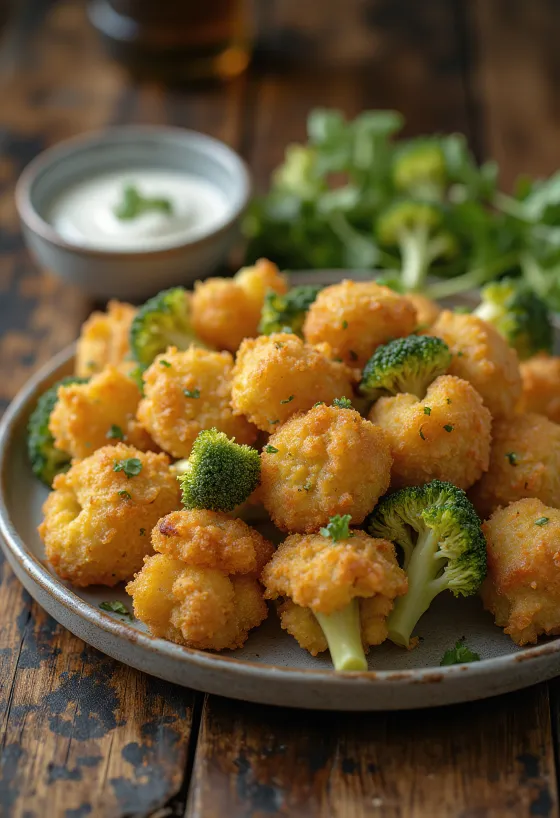 Brocolis panés croustillants dorés, servis sur une assiette avec des tranches de citron frais.