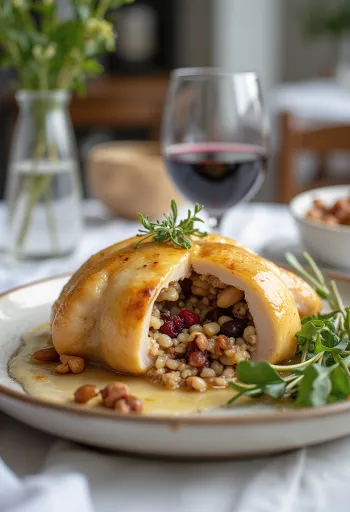 Cailles farcies au riz sauvage servies sur une assiette