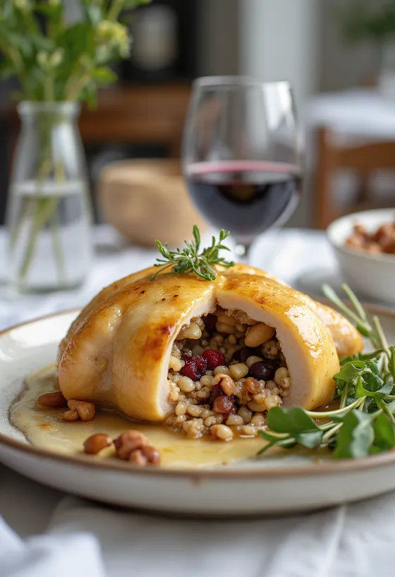 Cailles farcies au riz sauvage servies sur une assiette