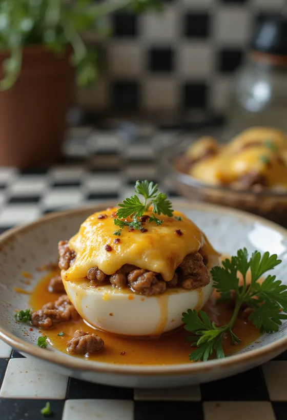 Aubergines farcies au fromage gratiné croustillant, parsemées d'herbes fraîches