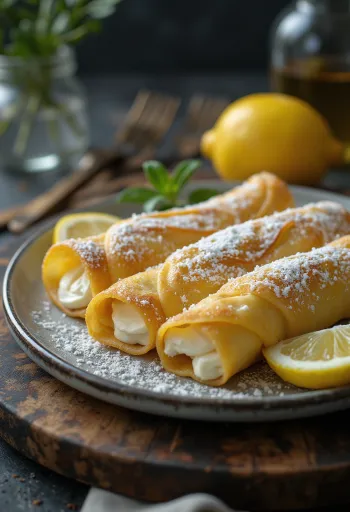 Crêpes au fromage blanc saupoudrées de sucre glace et servies avec de la crème fraîche