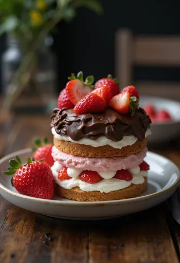Gâteau faisselle chocolat-fraise décoré de fraises fraîches et copeaux de chocolat