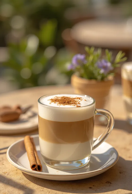 Latte cannelle-menthe, boisson au café décorée d'un bâton de cannelle et de menthe