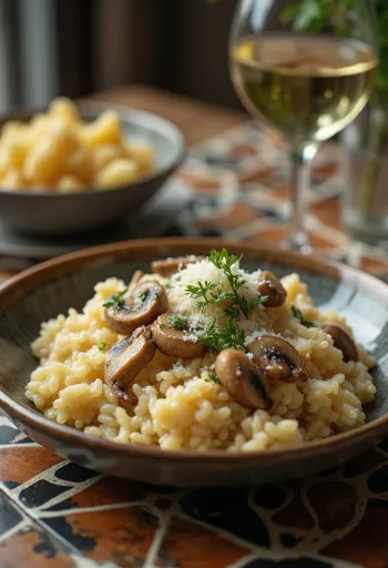 Risotto aux champignons servi avec des herbes fraîches et du parmesan