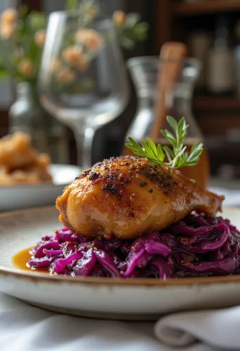 Cuisse de canard servie avec du chou rouge braisé