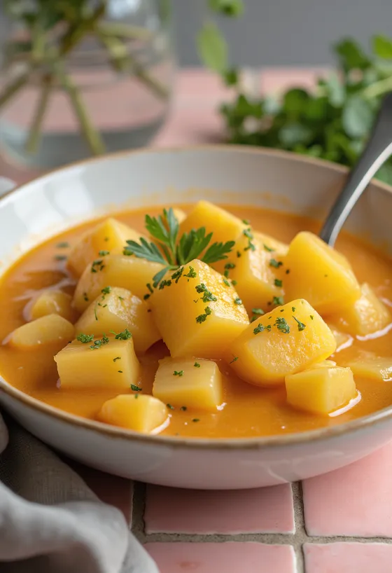 Főzelék de pommes de terre classique avec liaison à la crème et décoré de persil frais.