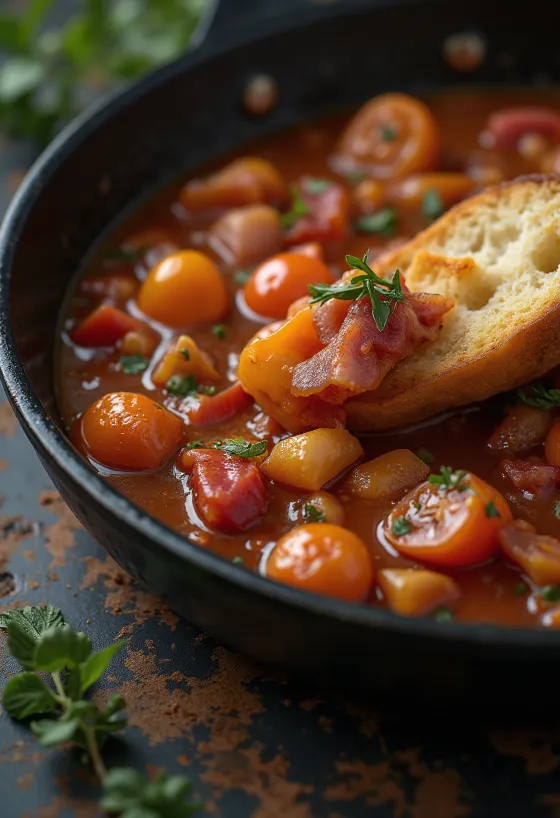 Lecsó aux poivrons frais, tomates et saucisse fumée