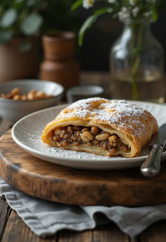 Strudel aux graines de pavot et aux noix prêt à être servi