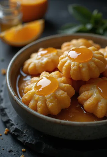 Biscuits Melomakarona imbibés de sirop miel-orange, dressés sur un plat
