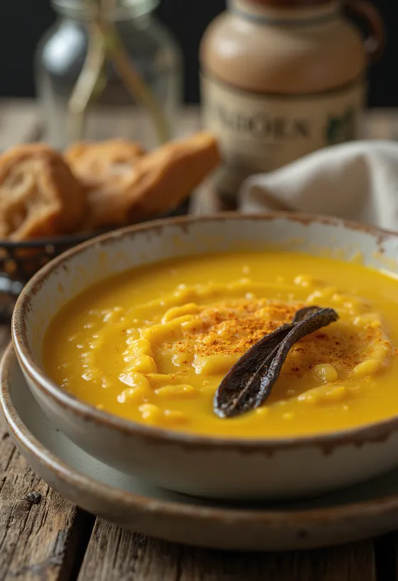 Velouté de pois cassés jaunes crémeux servi