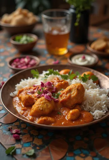 Thali version cachemire, servi avec du poulet et des épices fraîches