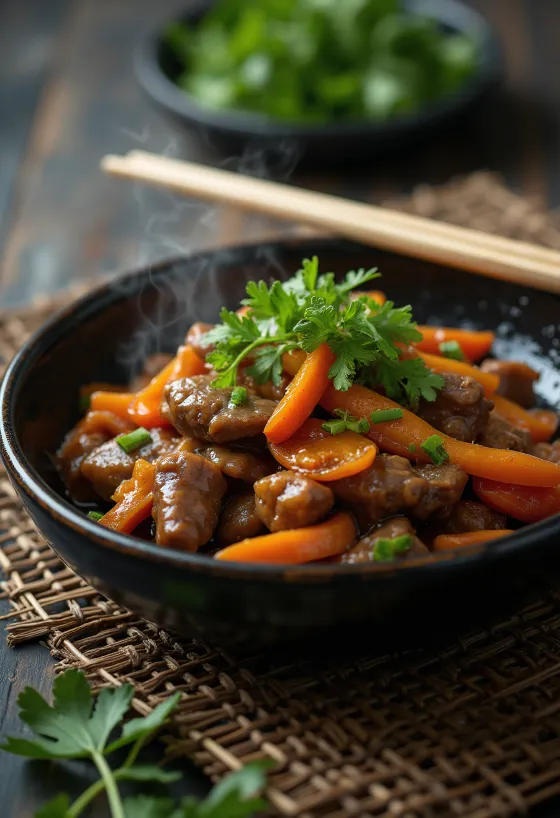 Wok de bœuf au gingembre servi avec légumes