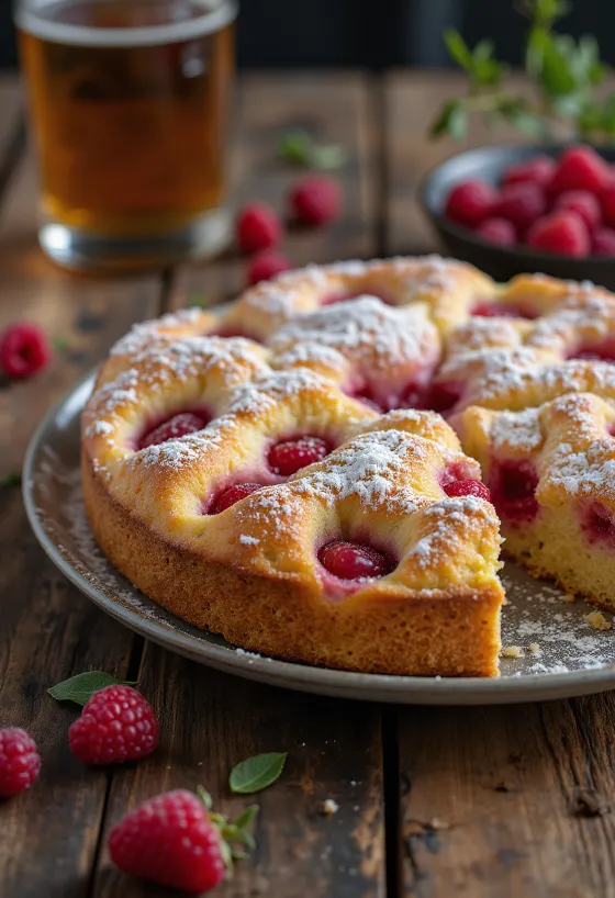 Gâteau aux framboises servi sur une assiette