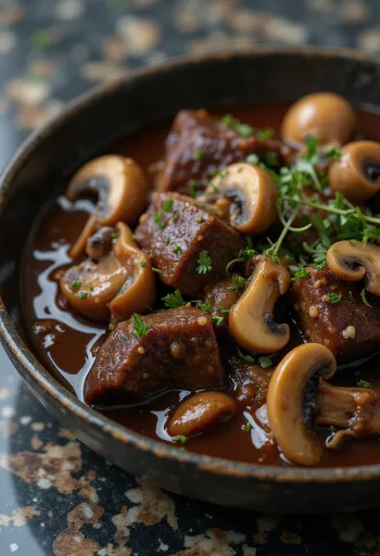 Ragoût d'élan aux champignons servi dans un bol rustique.