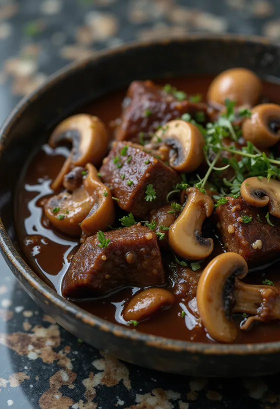 Ragoût d'élan aux champignons servi dans un bol rustique.