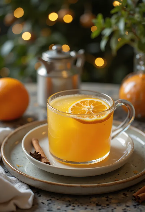 Punch orange-sureau, boisson réchauffante décorée de tranches d'orange et de fleurs de sureau