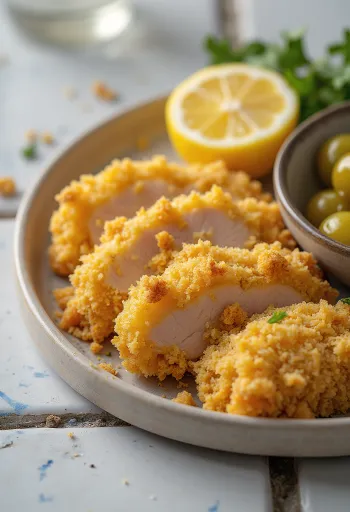Côtelette de porc panée dorée, panure croustillante, servie avec des tranches de citron frais