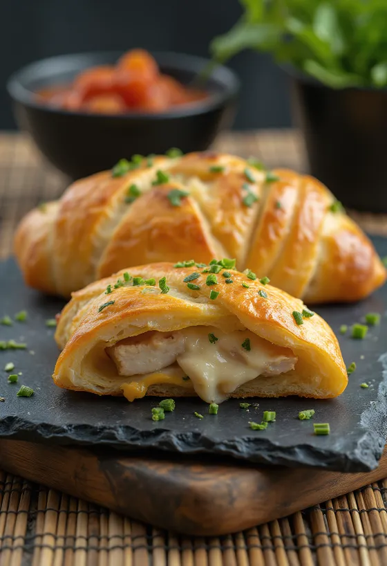 Stromboli au poulet servi, riche en blanc de poulet et mozzarella fondue, croustillant à l'extérieur et moelleux à l'intérieur.