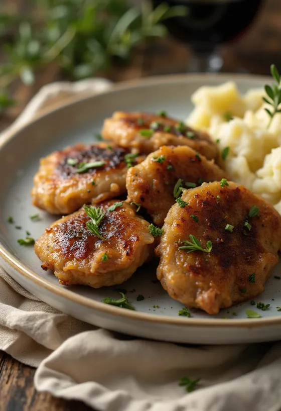 Foies de volaille sautés croustillants, servis avec pain frais et oignon rouge