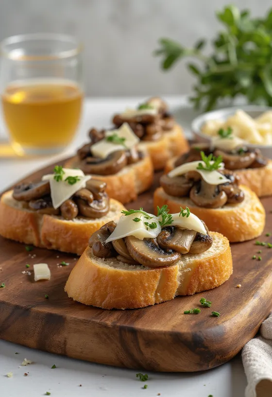 Bruschetta aux champignons et à l'ail servie sur pain croustillant