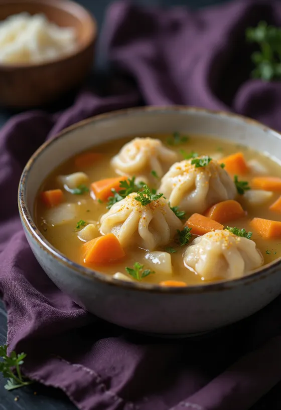 Soupe chaude aux légumes et boulettes moelleuses maison, servie dans une assiette creuse.