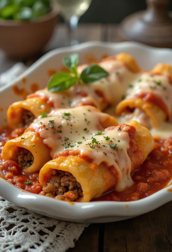 Cannellonis à la viande servis avec sauce tomate et fromage fondu
