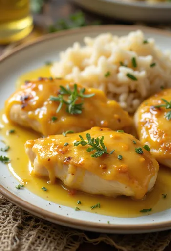 Blanc de poulet juteux au miel et à la moutarde, cuit jusqu'à être croustillant, servi avec des légumes frais